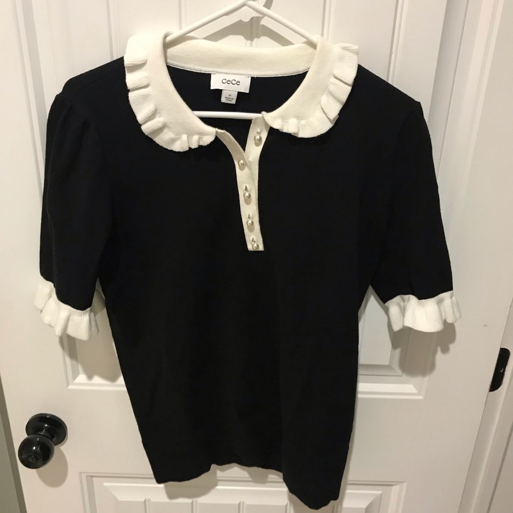 CeCe White Ruffle Collar Knit Top